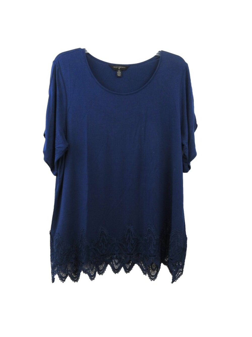 Investments Womens Tunic Top Plus Sz 1X Navy Blue Crochet Lace Trim Short Sleeve
